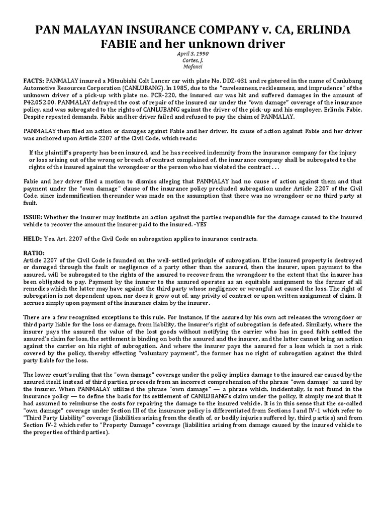 70 - Pan Malayan Insurance v. CA | PDF | Subrogation | Insurance
