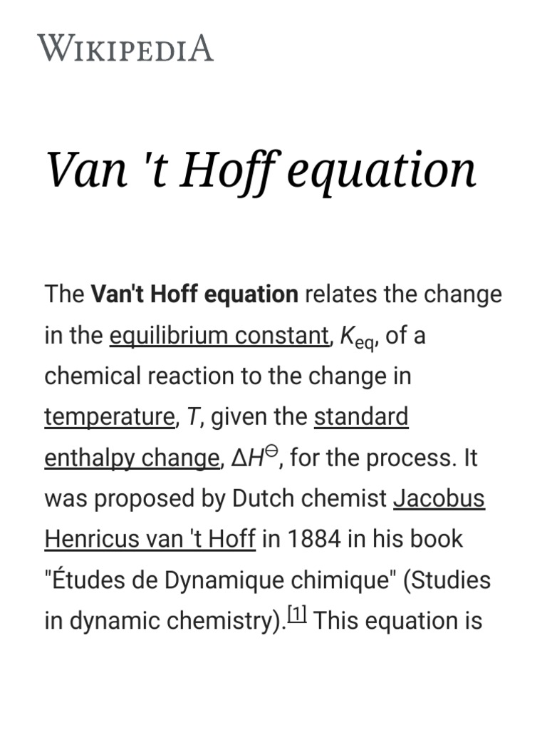 Van 't Hoff Equation Gibbs Free Energy Chemical Equilibrium