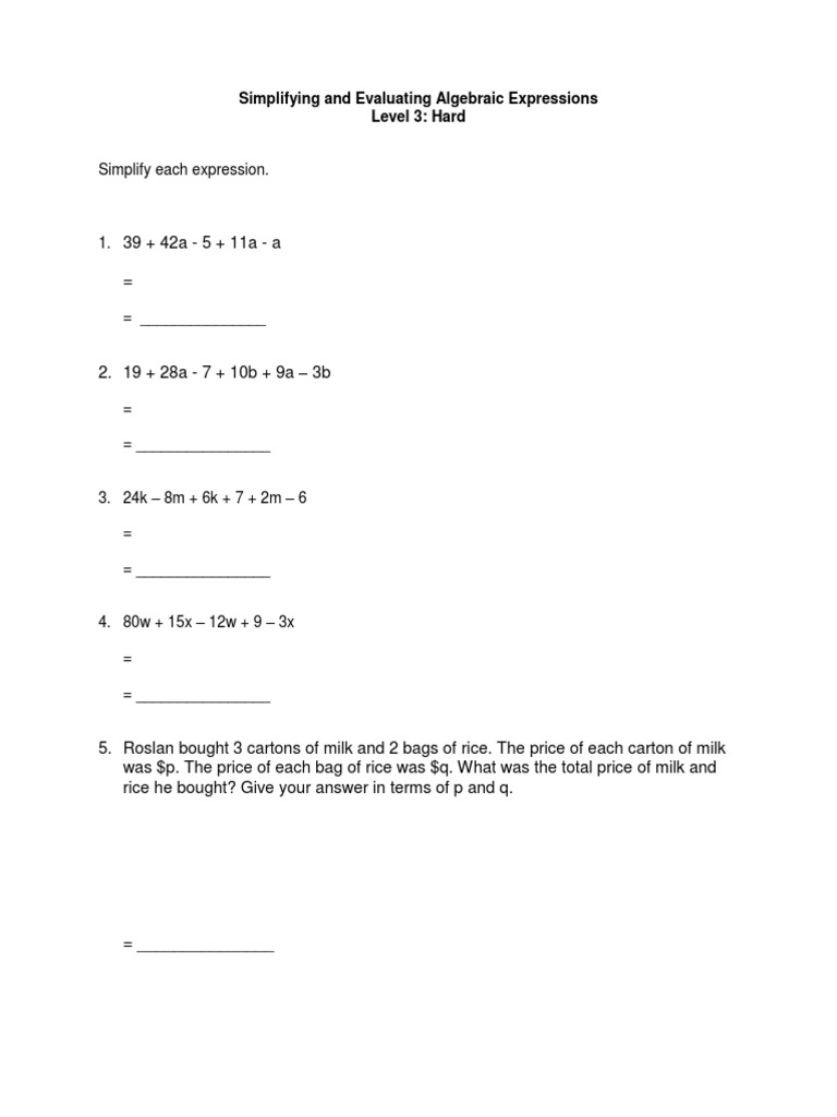 Simplify Algebraic Expression Worksheet - Hard | PDF