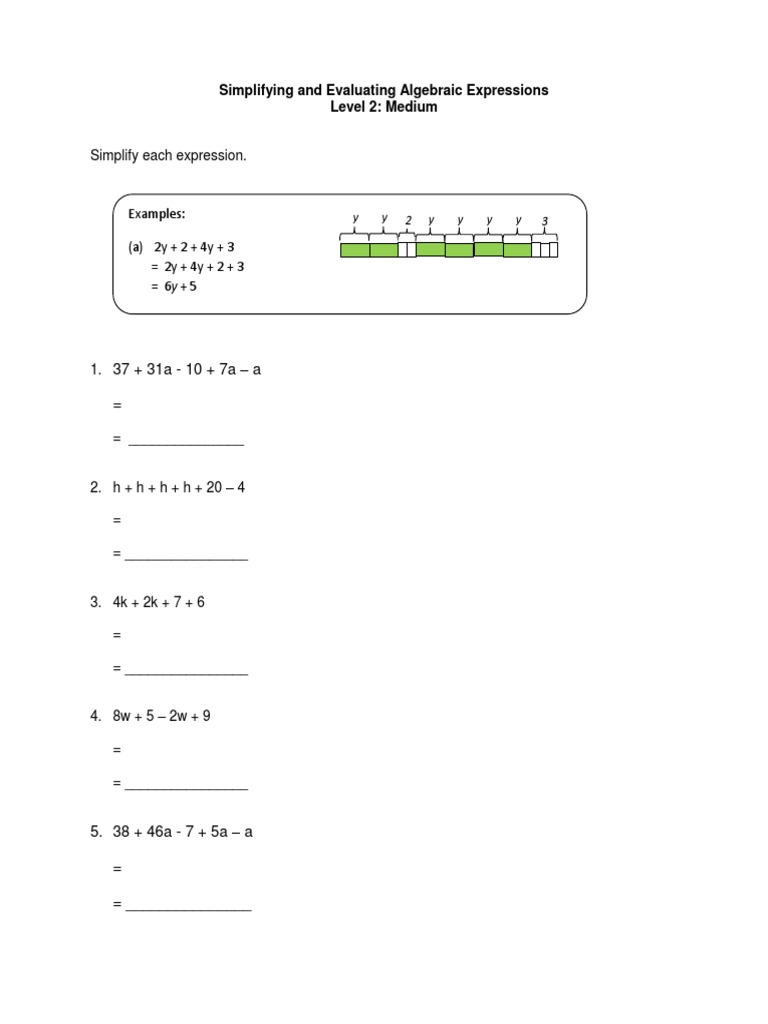Simplify Algebraic Expression Worksheet - Medium  PDF Regarding Evaluating Algebraic Expressions Worksheet Pdf