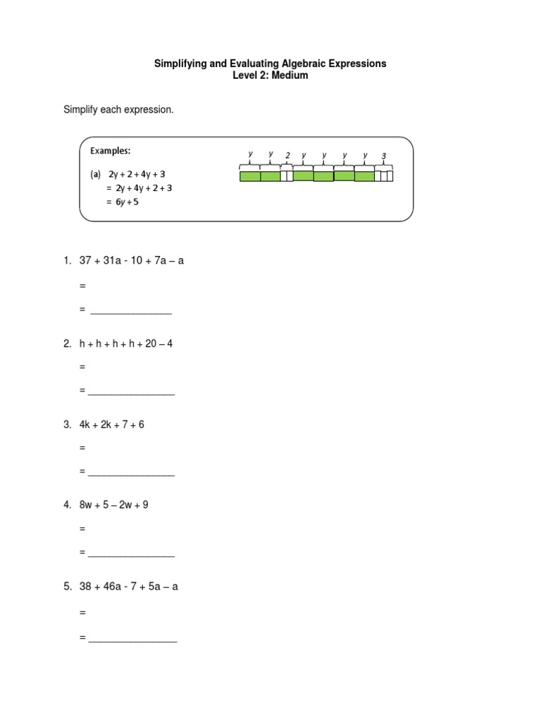 Simplify Algebraic Expression Worksheet - Medium  PDF Regarding Evaluating Algebraic Expressions Worksheet