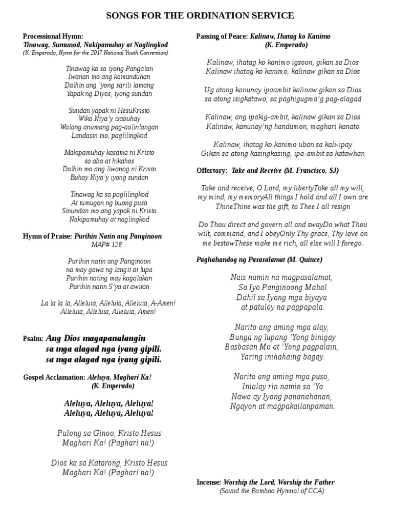 Song Lineup For The Ordination Service | PDF