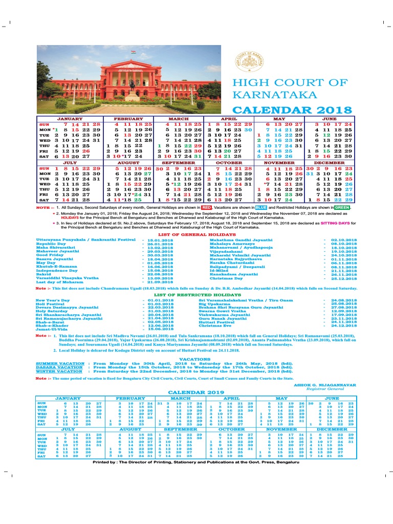 Karnataka High Court Calendar, 2018 | PDF | Observances | Holidays
