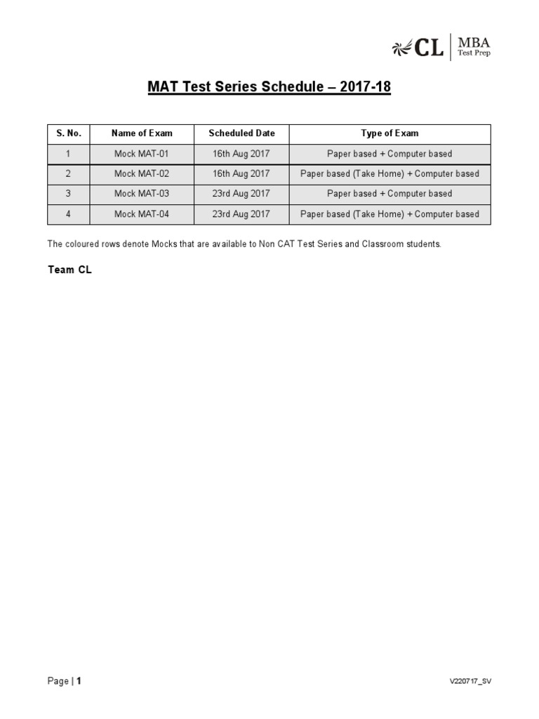 MAT Test Series Schedule 2017-18 | PDF | Teaching Methods & Materials ...