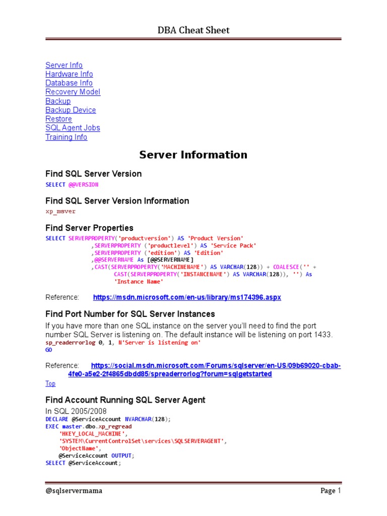 DBA Cheat Sheet | PDF | Microsoft Sql Server | Backup
