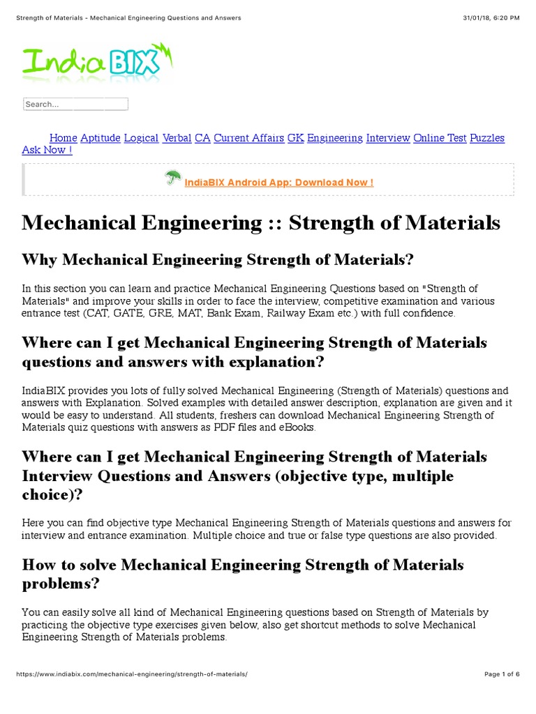 Strength of Materials Mechanical Engineering Questions and Answers
