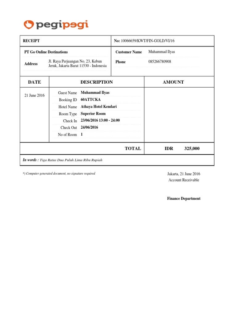 Computer Generated Invoice for Hotel Stay | PDF