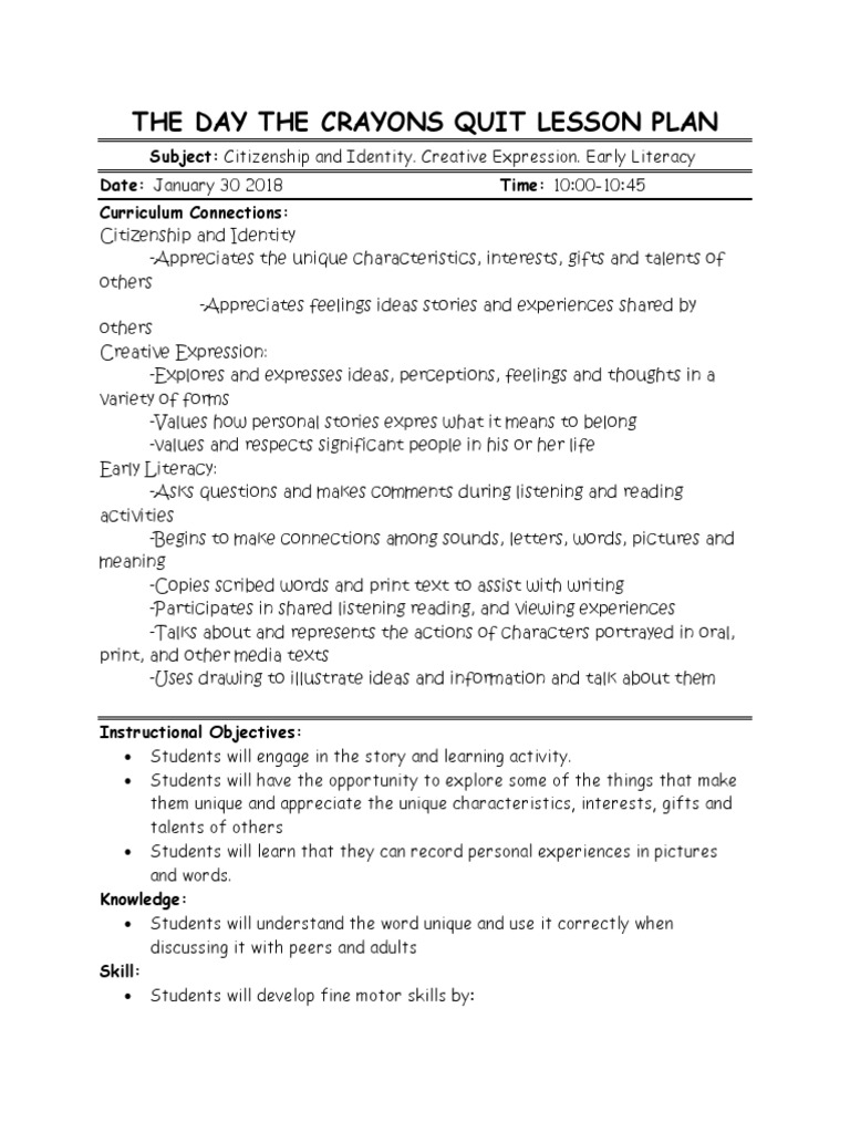 The Day The Crayons Quit Lesson Plan PDF Reading (Process) Literacy