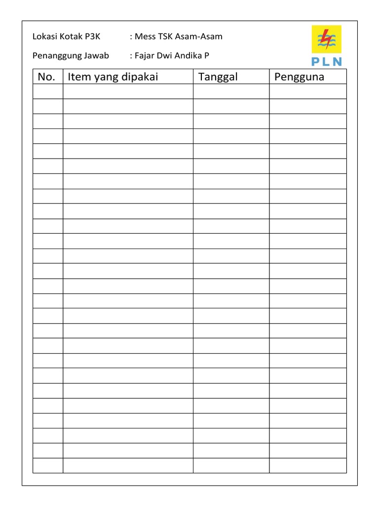 Form Penggunaan Kotak P3K