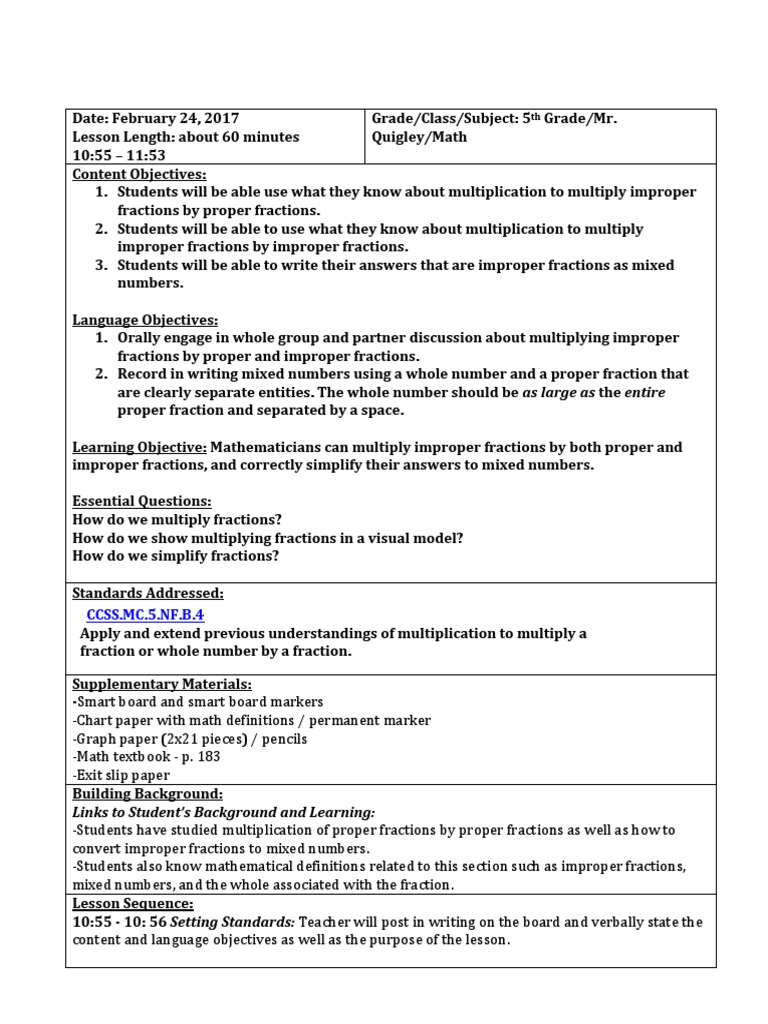 Lesson Plan Math Obrien 2 | PDF | Fraction (Mathematics) | Multiplication