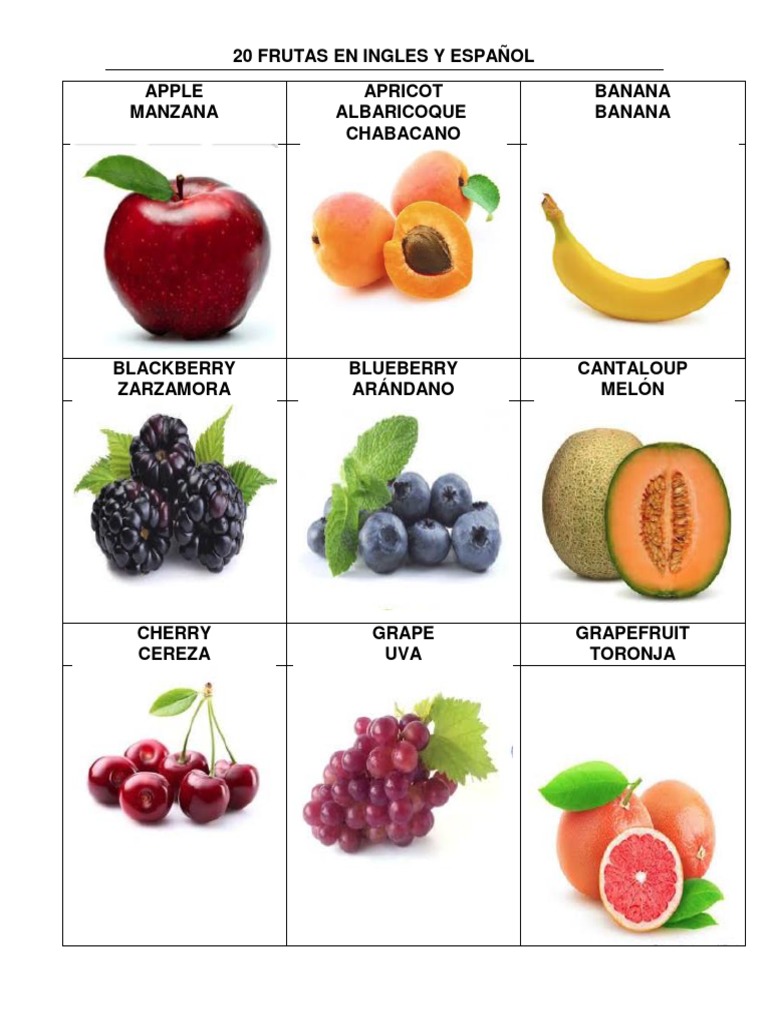 20 Frutas en Ingles y Español, Verduras,