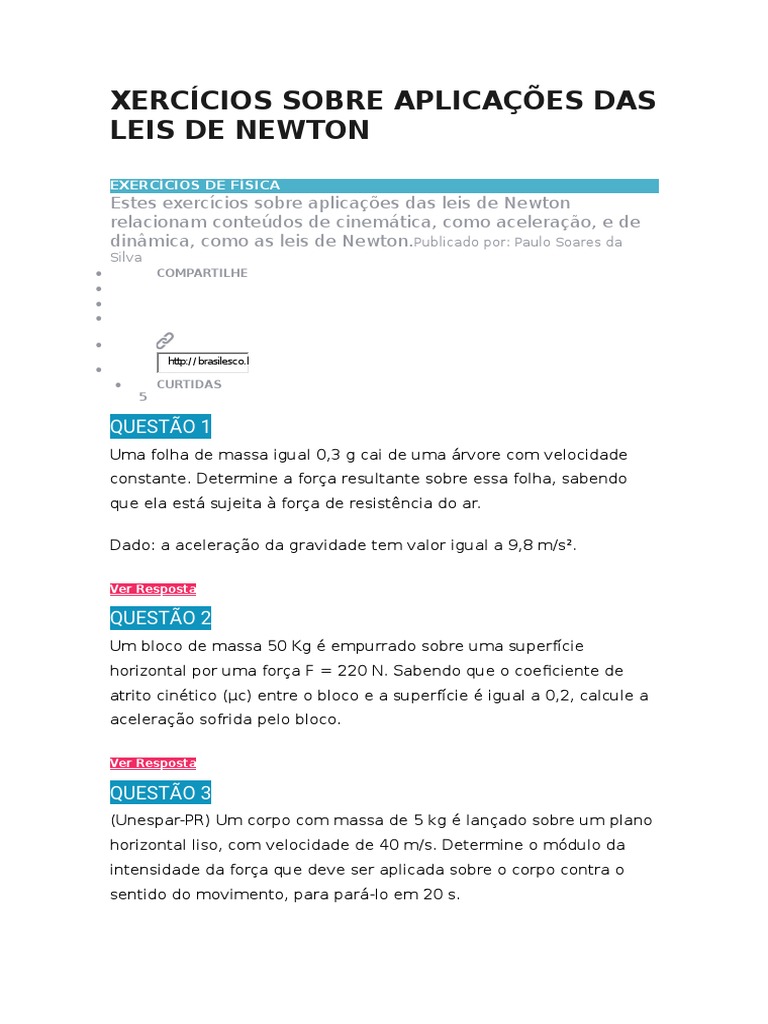 Exercícios sobre Leis de Newton | PDF | Leis do Movimento de Newton ...