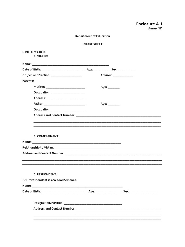 Child Protection Intake Sheet and Enclosures Juvenile Delinquency