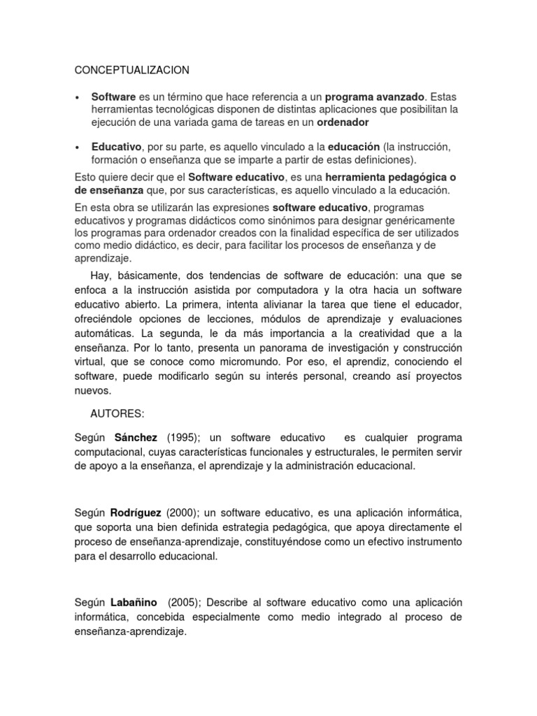 Conceptualizaciones de Software EducativoSegún Autores PDF