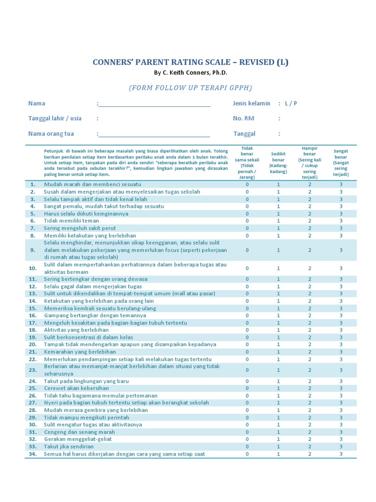 Conners Teacher Rating Scale Scoring Sheet