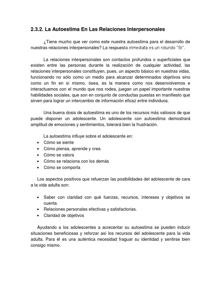 Autoestima y Relaciones Interpersonales | PDF | Autoestima | Adultos