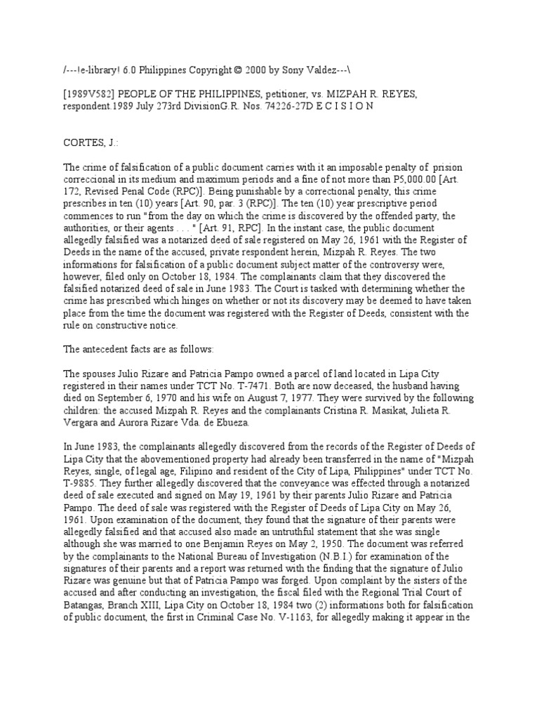 Prescription of the Crime of Falsification of a Public Document When