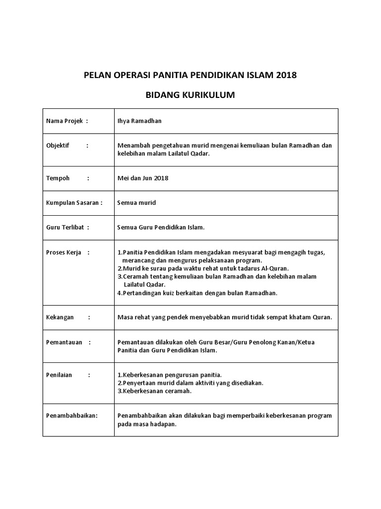 Pelan Operasi Panitia Pendidikan Islam 2018 Docx