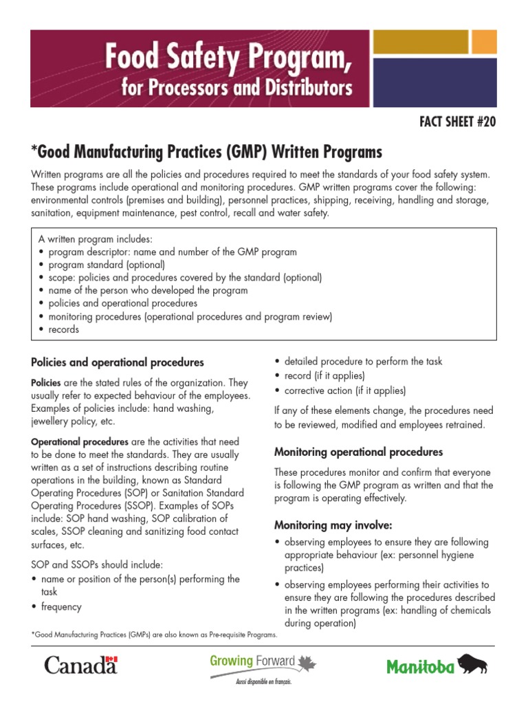 Good Manufacturing Practices (GMP) Written Programs: Fact Sheet #20 ...
