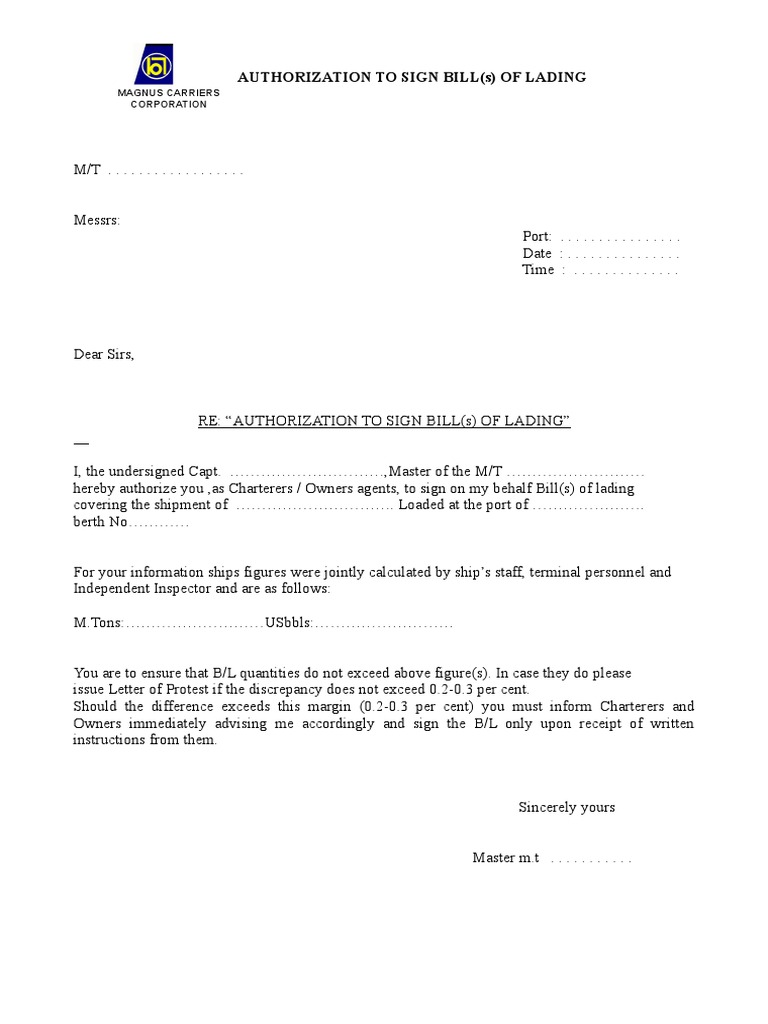Authorization to Sign Bill of Lading | PDF | Finance & Money Management