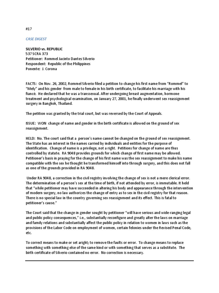 Sex Reassignment Case Digest | PDF | Judgment (Law) | Prejudice (Legal ...