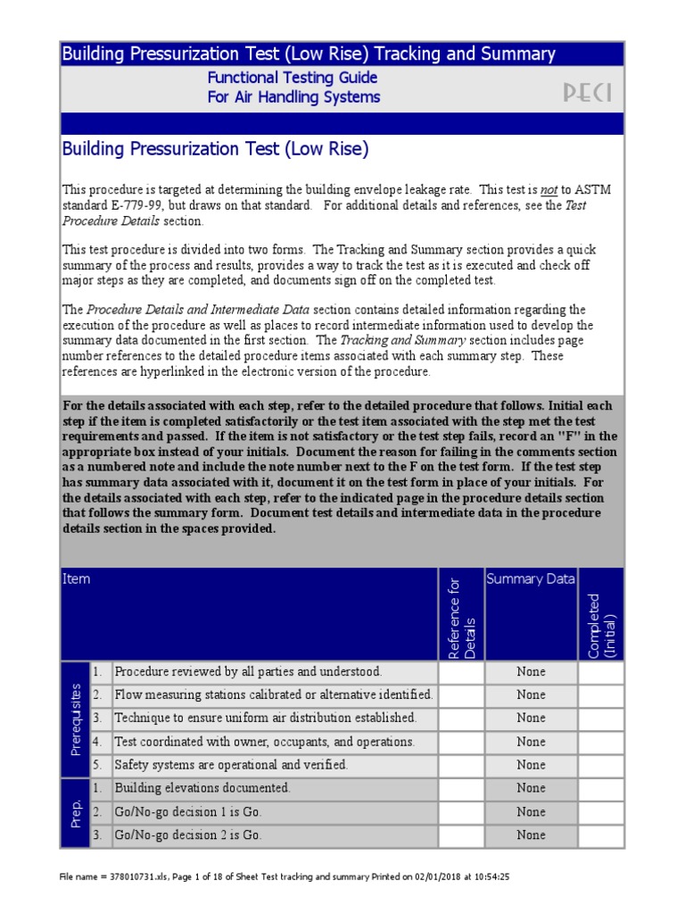 Building Pressurization Test (Low Rise) Tracking and Summary | PDF ...