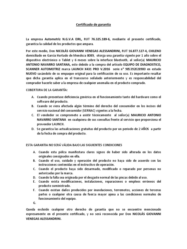 Certificado de Garantía  Informática y tecnología de la información