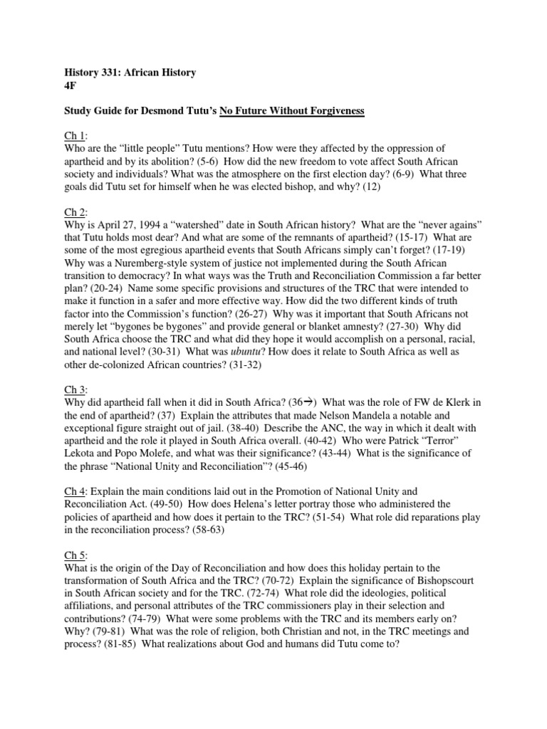 Study Guide: Tutu's Forgiveness Insights | PDF | Apartheid | Politics ...