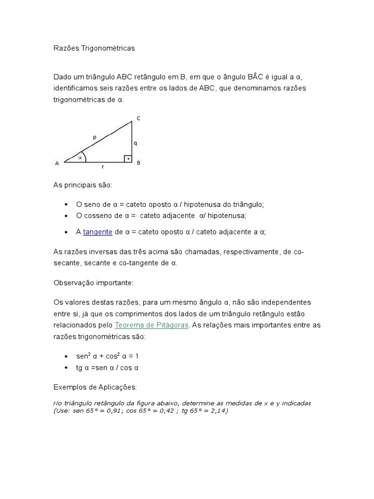Razões Trigonométricas no Triângulo Retângulo | PDF | Trigonometria ...