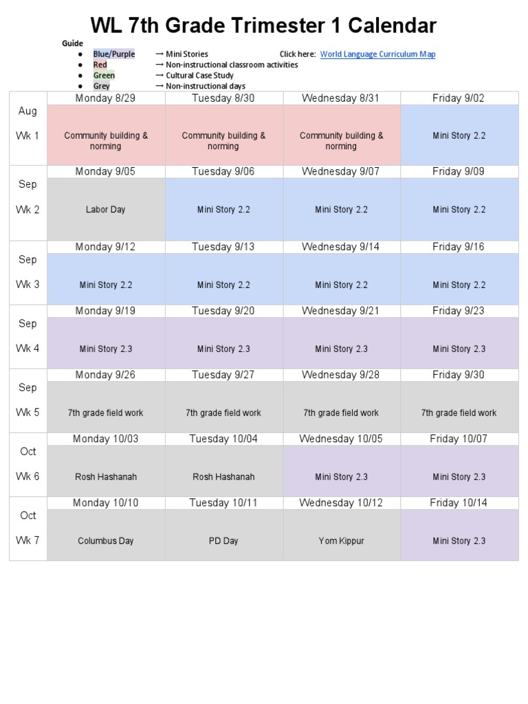 WL 7th Grade Trimester 1 Calendar PDF Holidays Public Holiday
