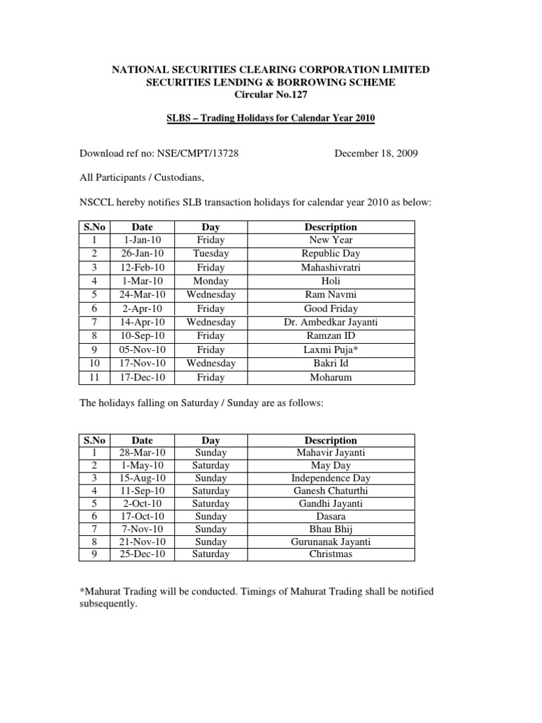 Nse Holidays PDF