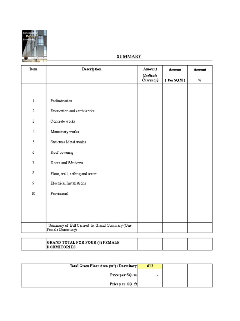 Bill of Quantity Spreadsheet Electrical Wiring Sanitary Sewer