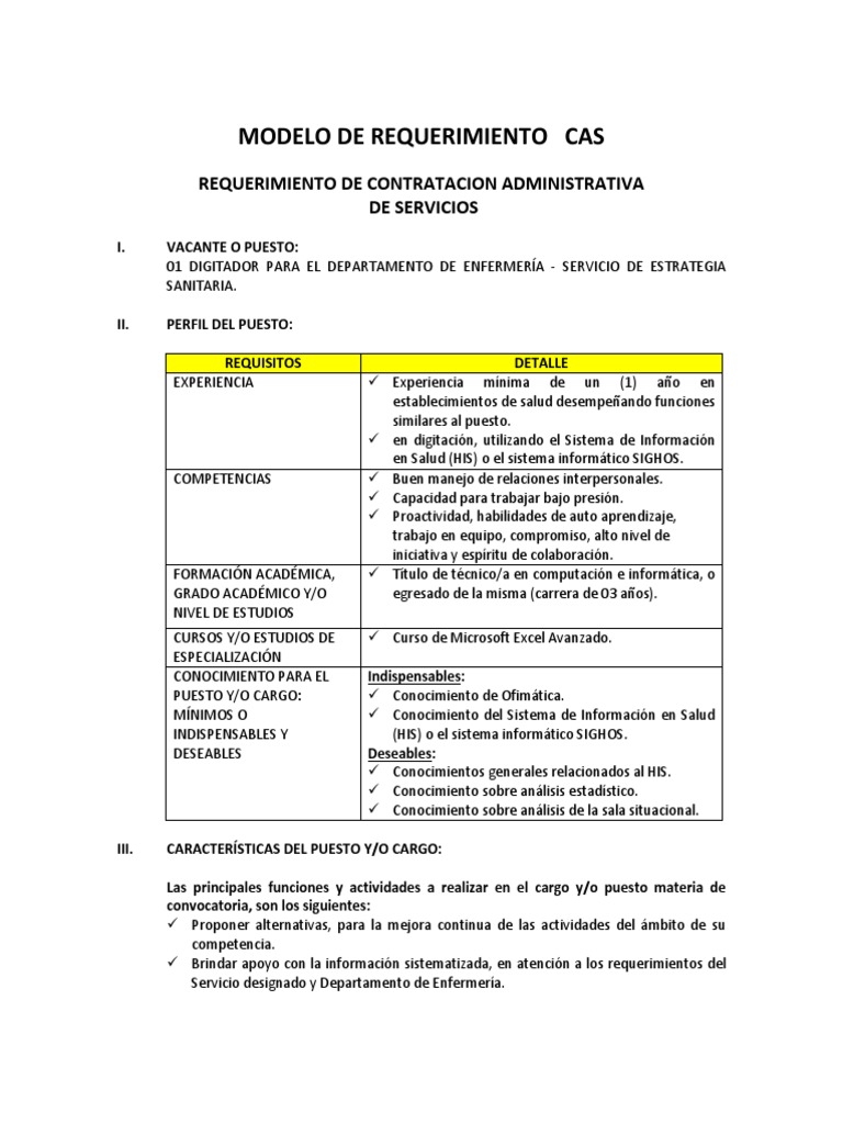 Modelo de Requerimiento Digitador Tdr Enfermería Estadísticas