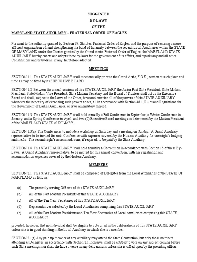 Suggested ByLaws of The Maryland State Auxiliary Fraternal Order of