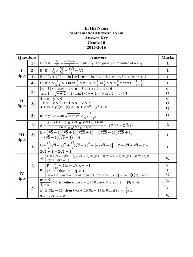 Grade 10 Math Midyear Exam Answer Key | PDF | Elementary Geometry ...