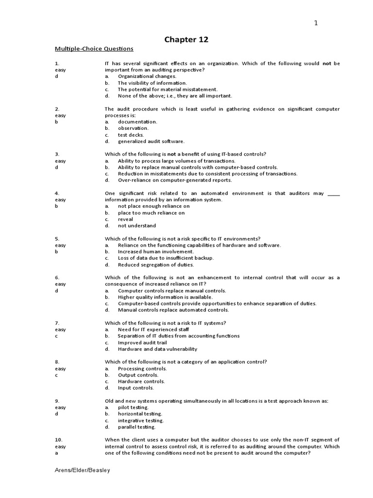 IT Audit Multiple-Choice Questions | PDF | Internal Control | Audit