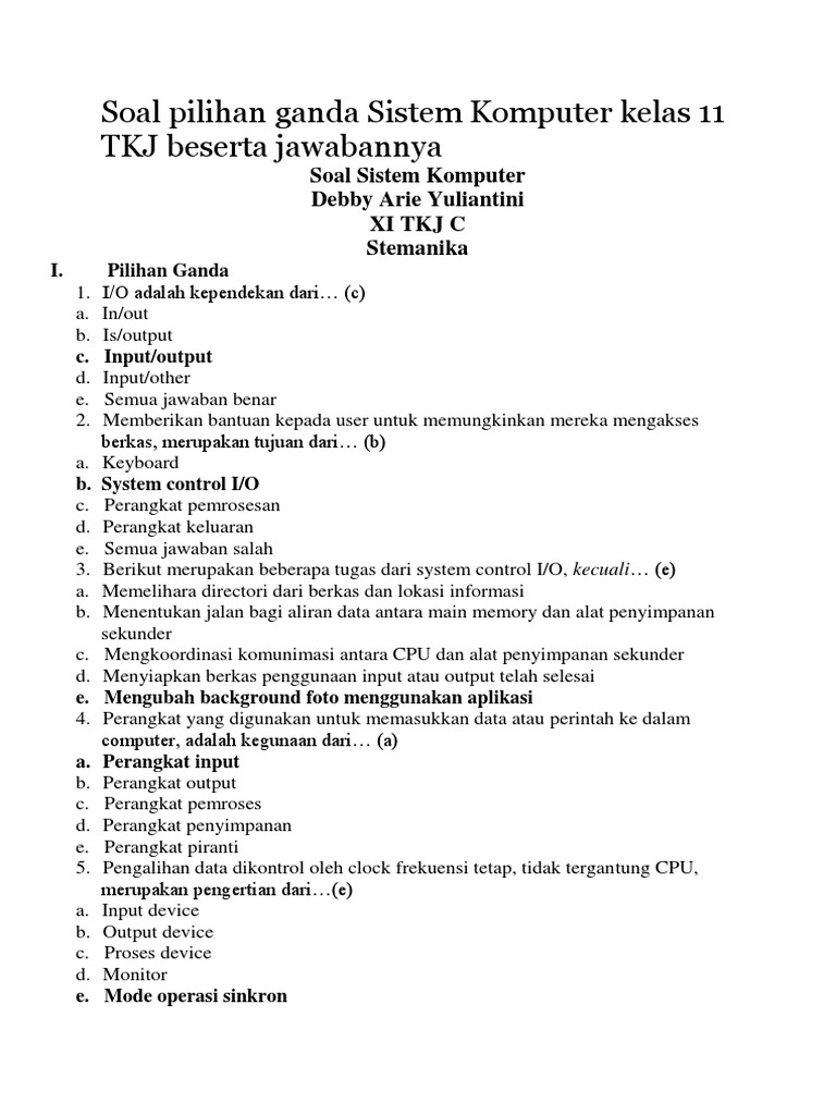 Soal Pilihan Ganda Sistem Komputer Kelas 11 TKJ Beserta