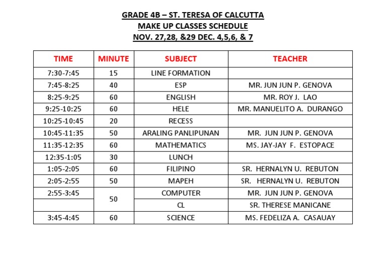 Class Schedule Make Up Classes | PDF | Social Science