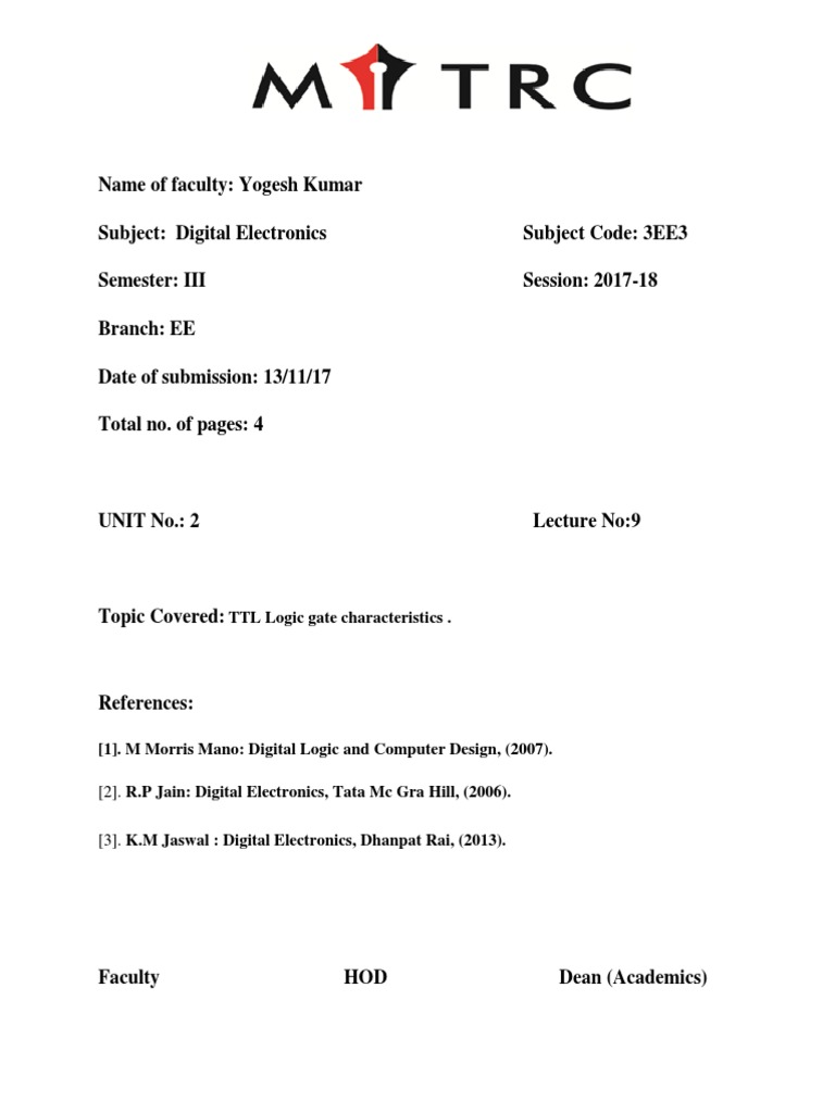 TTL Logic Gate Characteristics . (2) R.P Jain Digital Electronics