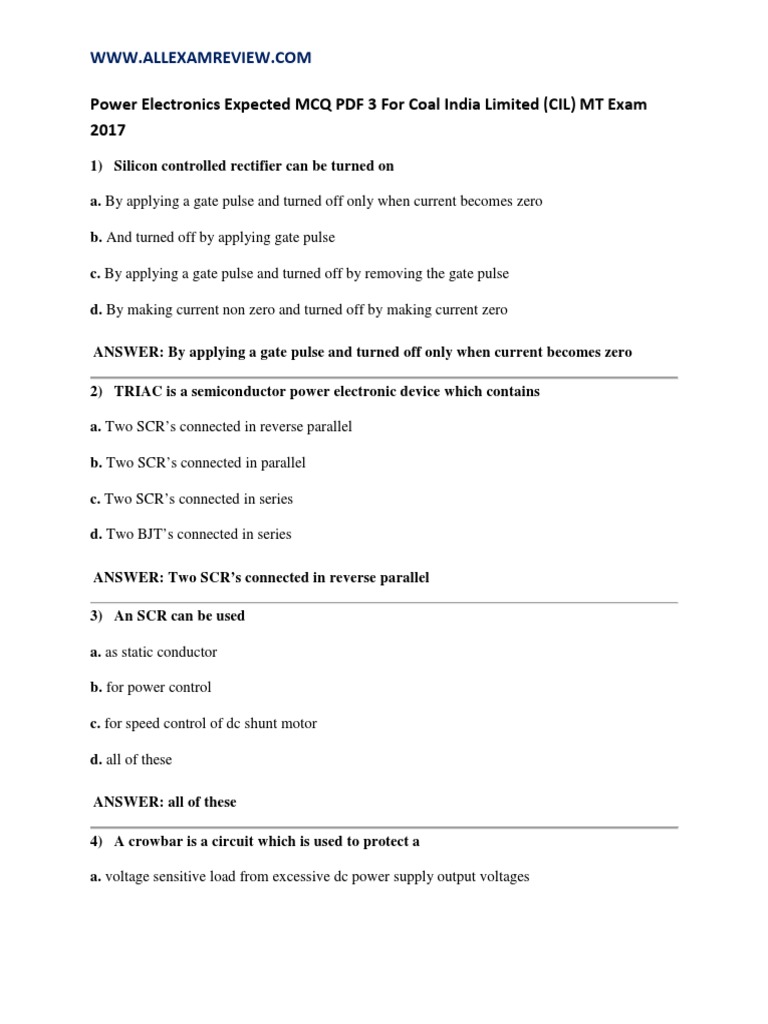 Power Electronics Expected MCQ PDF 3 For Coal India Limited (CIL) MT