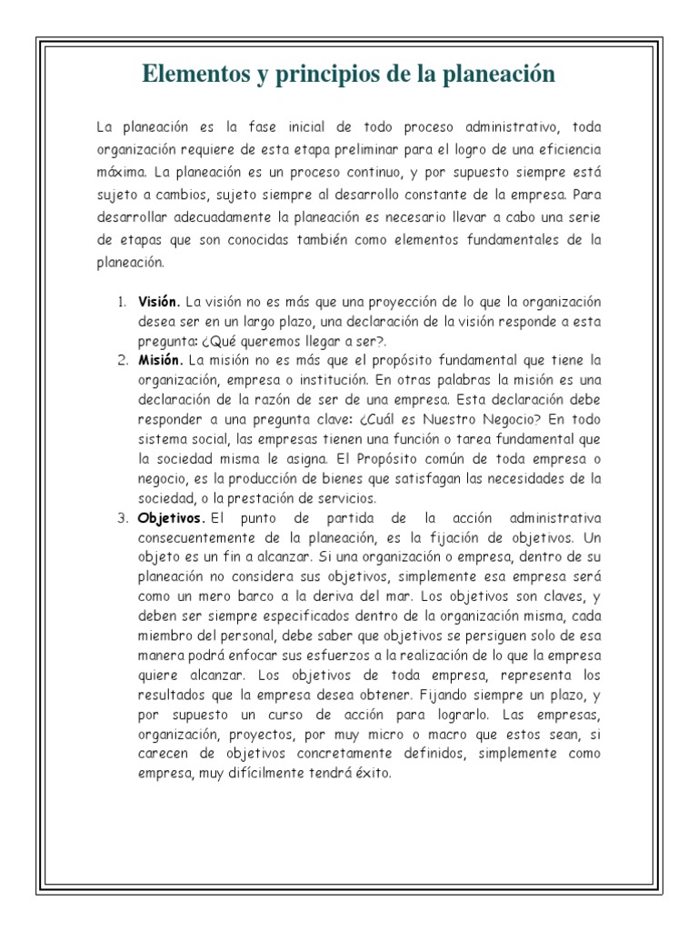 Elementos y Principios de La Planeación | PDF | Presupuesto | Planificación