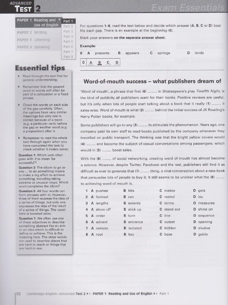 Reading &use of E Test 2 Exam Essentials Cambridge English Advanced 2 ...