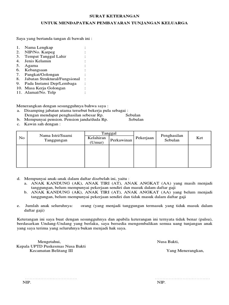 Surat Keterangan Untuk Mendapatkan Pembayaran Tunjangan Keluarga