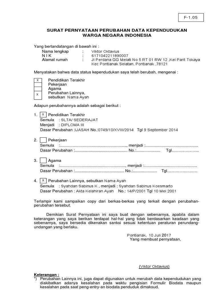 F 1 05 Surat Pernyataan Perubahan Data Kependudukan Wni