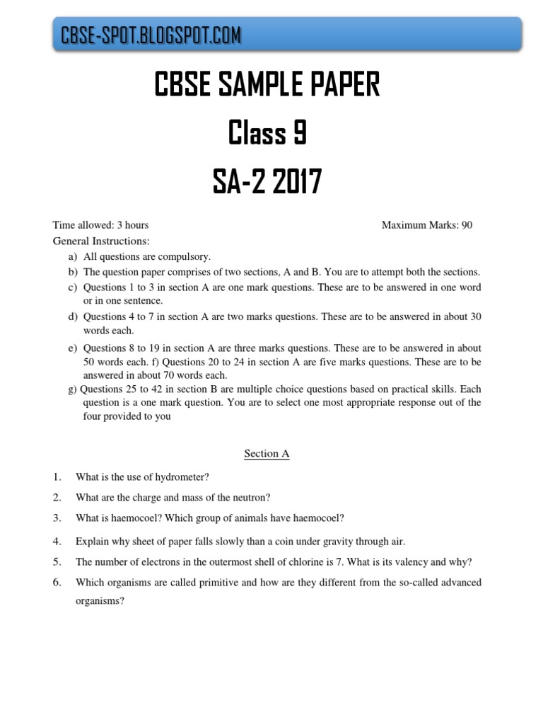 Class 9 Science SA-2 Sample Paper | PDF | Moss | Mass