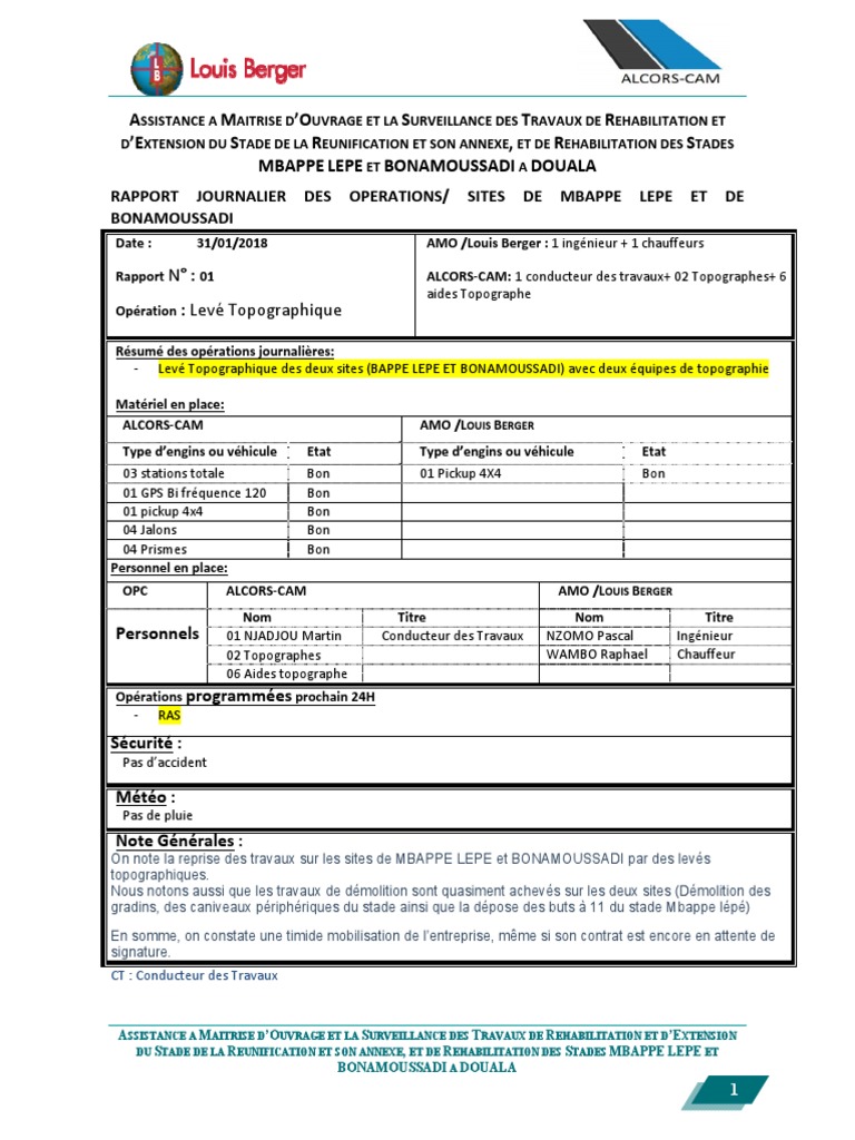 Rapport Journalier Alcors Cameroun 20180131 ReArrange  Transport