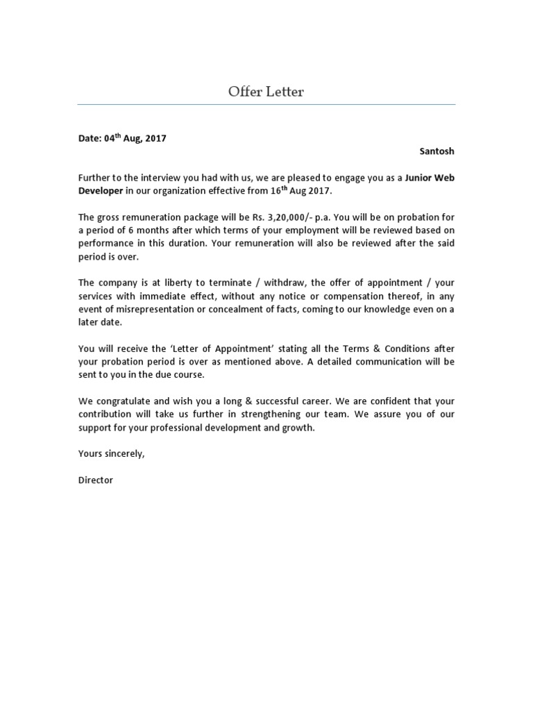 Junior Web Developer Offer Letter | PDF