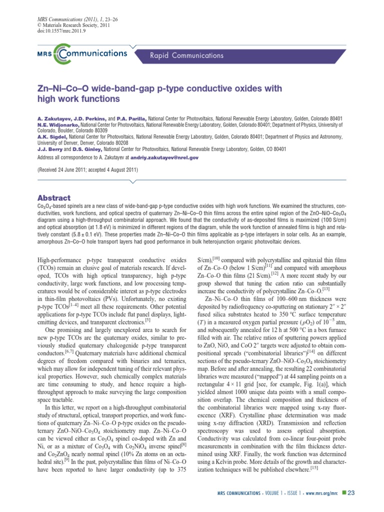 ZnNiCoO WideBandGap PType Conductive Oxides With High Work