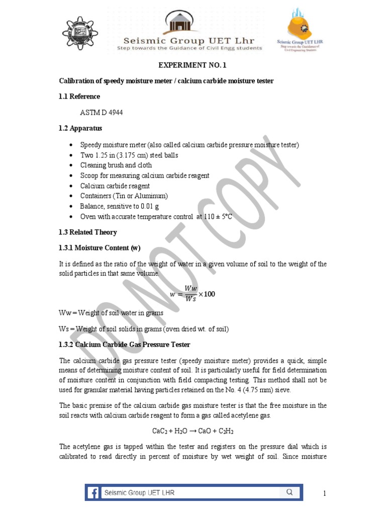 Experiment No. 1 Calibration of Speedy Moisture Meter / Calcium Carbide