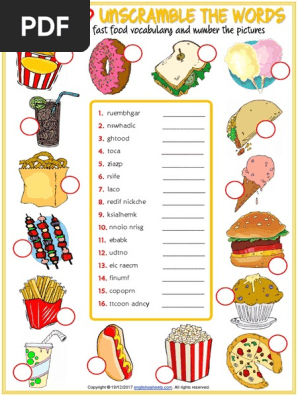 fast food vocabulary esl unscramble the words worksheet for kids pdf